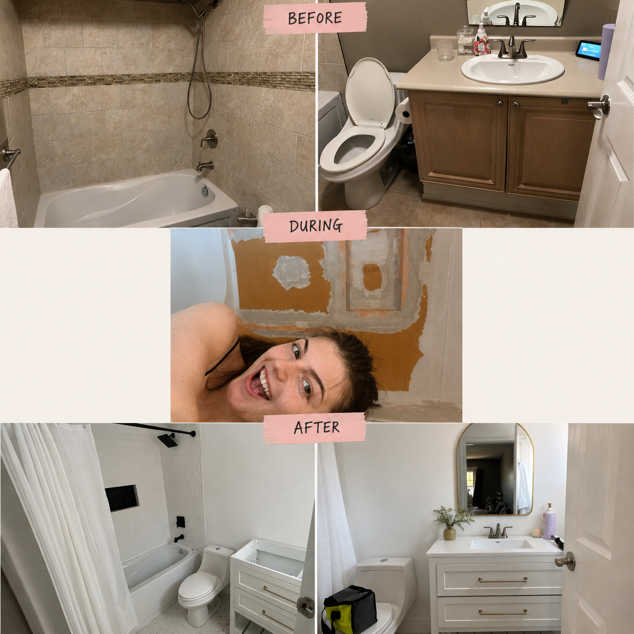 Bathroom before, during, and after renovation