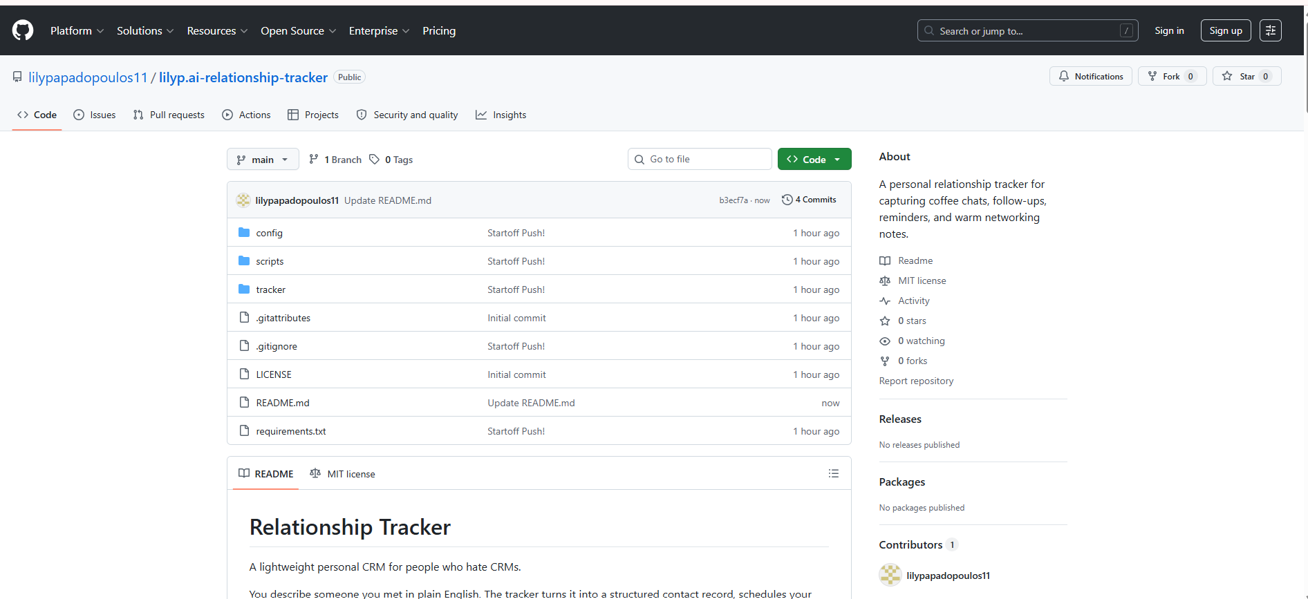 The relationship tracker repository page on GitHub