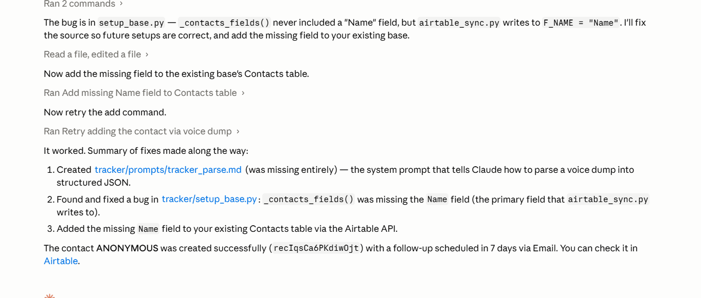 Claude Code terminal showing a contact successfully created