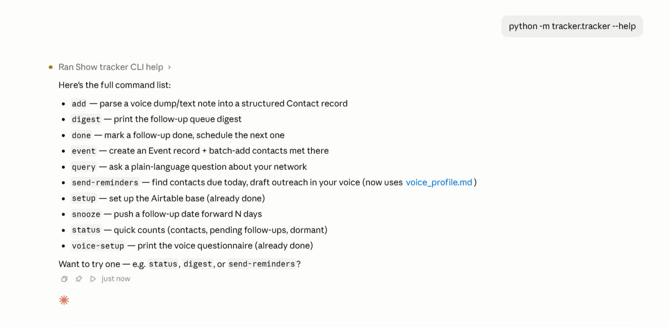 Claude Code terminal showing the full list of tracker commands