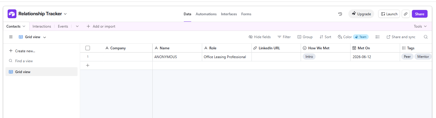 Airtable Contacts table showing the first real contact record
