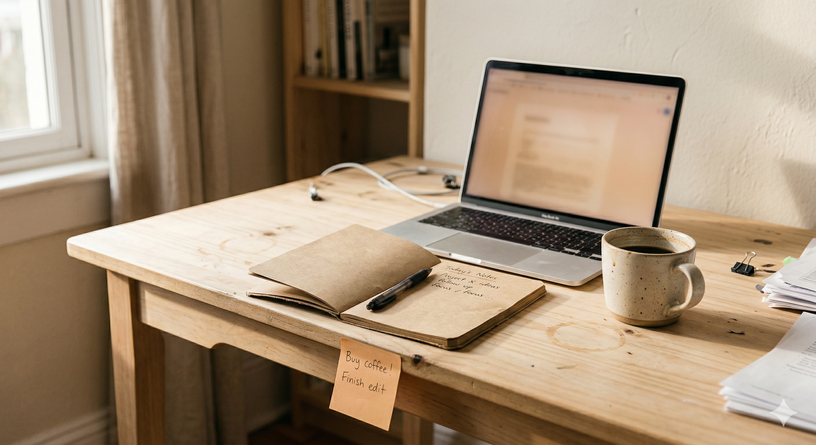 A warm desk scene: laptop open to a chat interface, handwritten notebook with a to-do list, sticky notes, and a ceramic mug of coffee in natural side light.